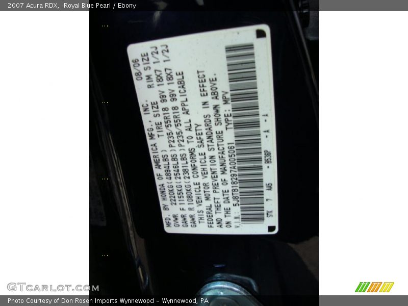 Royal Blue Pearl / Ebony 2007 Acura RDX