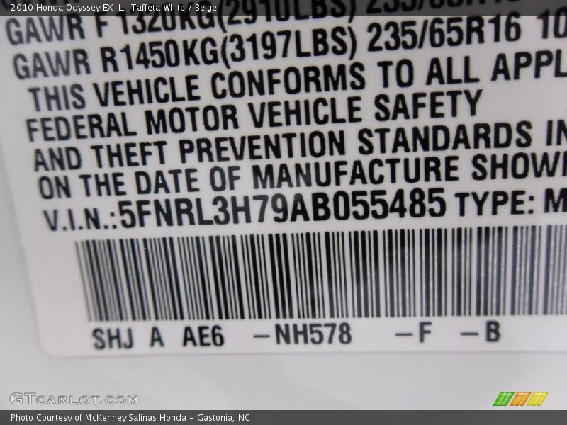 Taffeta White / Beige 2010 Honda Odyssey EX-L