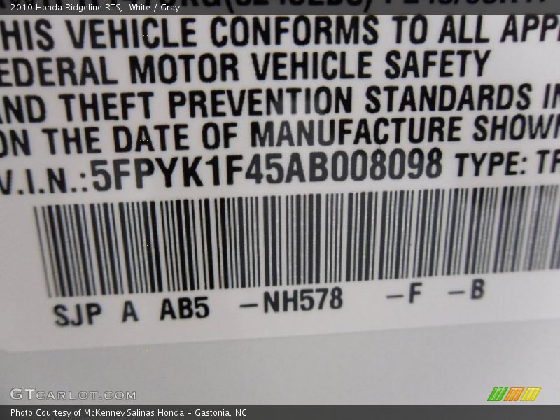White / Gray 2010 Honda Ridgeline RTS