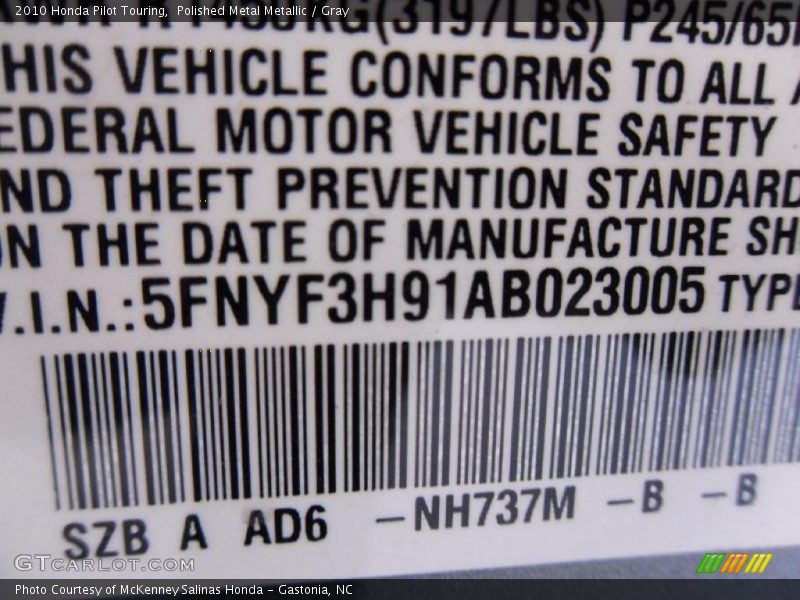 Polished Metal Metallic / Gray 2010 Honda Pilot Touring