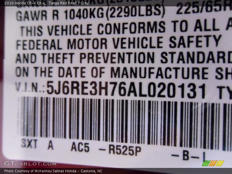 Tango Red Pearl / Gray 2010 Honda CR-V EX-L