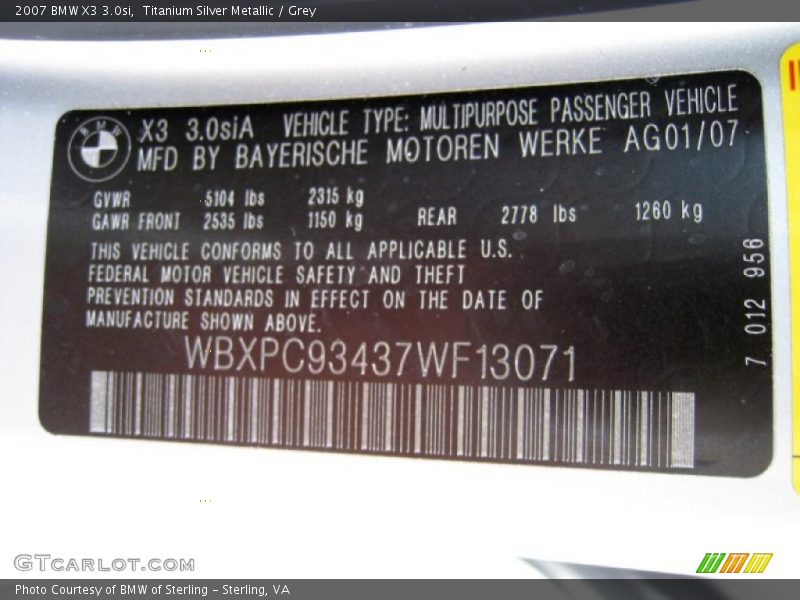 Titanium Silver Metallic / Grey 2007 BMW X3 3.0si