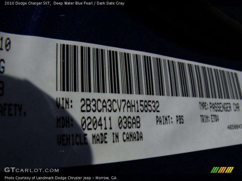 Deep Water Blue Pearl / Dark Slate Gray 2010 Dodge Charger SXT