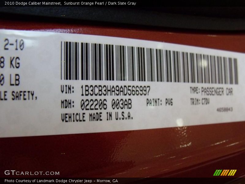 2010 Caliber Mainstreet Sunburst Orange Pearl Color Code PV6