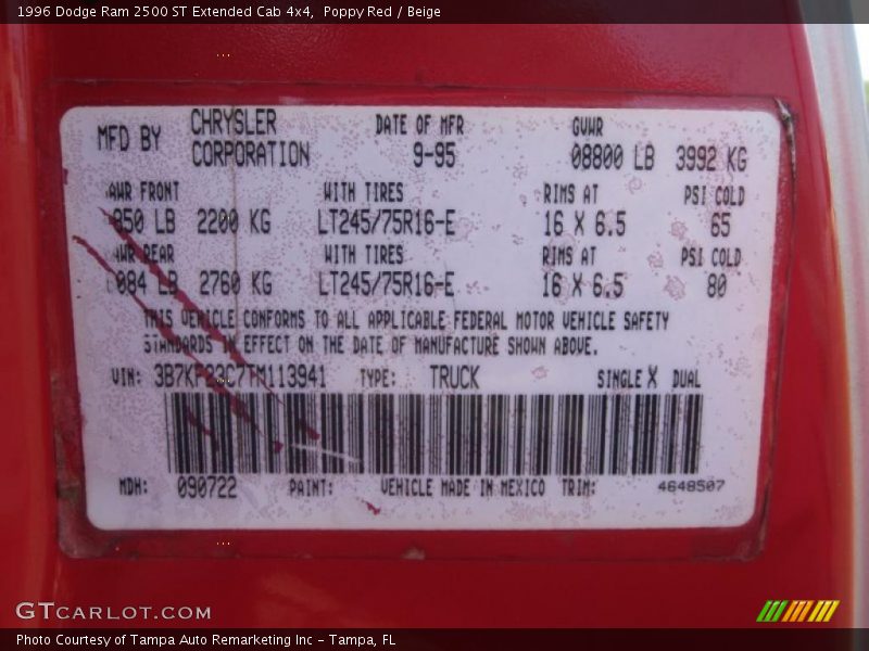 Poppy Red / Beige 1996 Dodge Ram 2500 ST Extended Cab 4x4