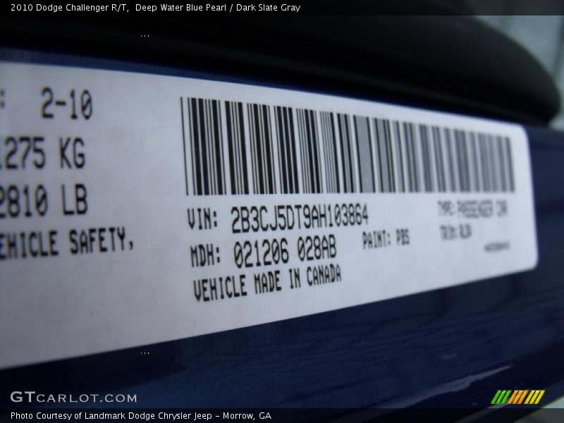 Deep Water Blue Pearl / Dark Slate Gray 2010 Dodge Challenger R/T
