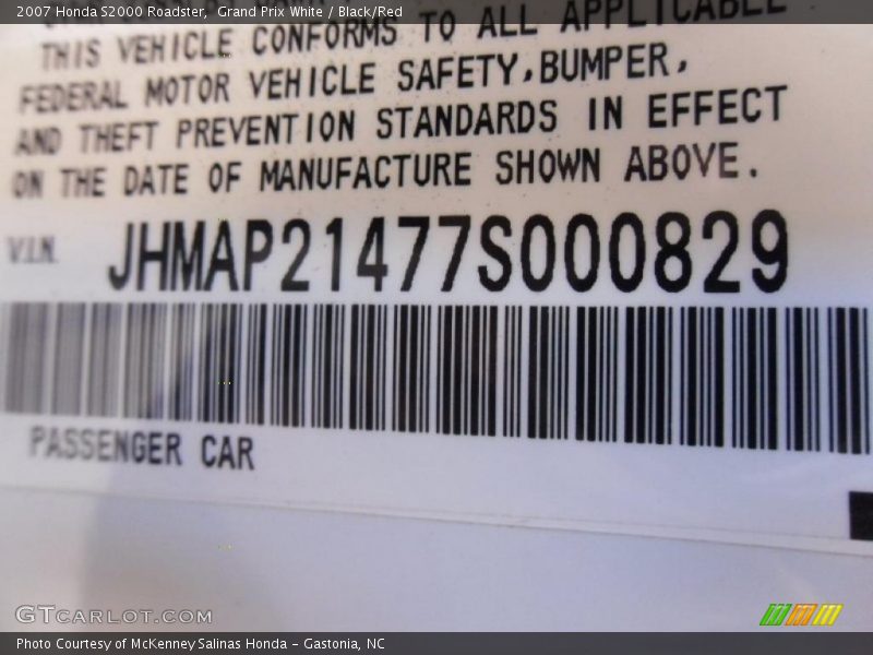 Grand Prix White / Black/Red 2007 Honda S2000 Roadster