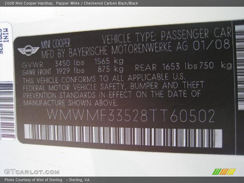 Pepper White / Checkered Carbon Black/Black 2008 Mini Cooper Hardtop