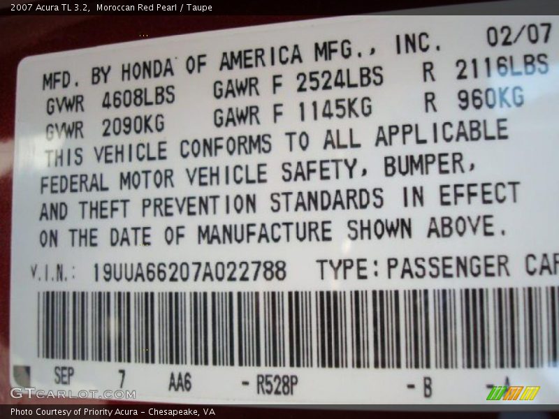 2007 TL 3.2 Moroccan Red Pearl Color Code R528P