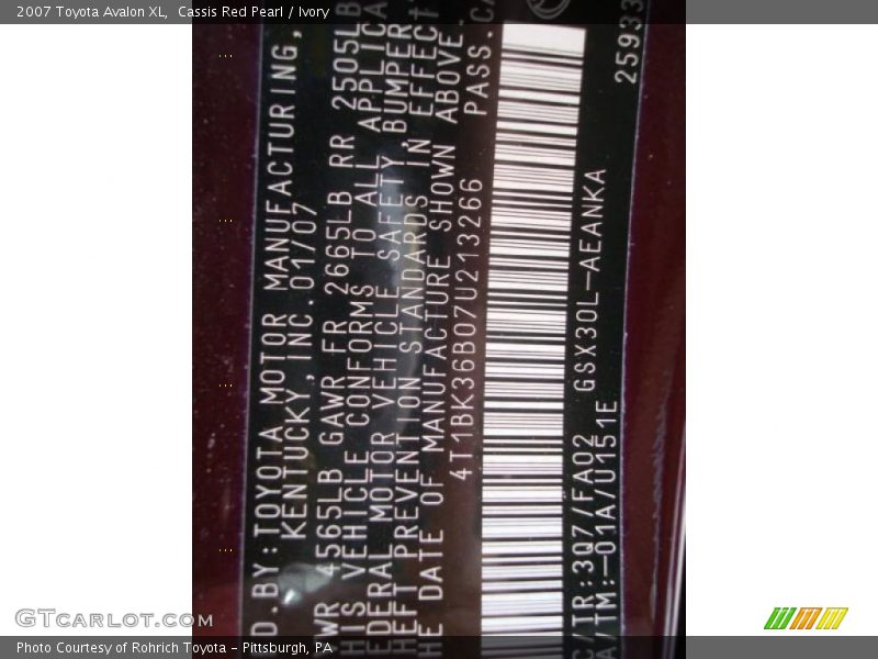 Cassis Red Pearl / Ivory 2007 Toyota Avalon XL