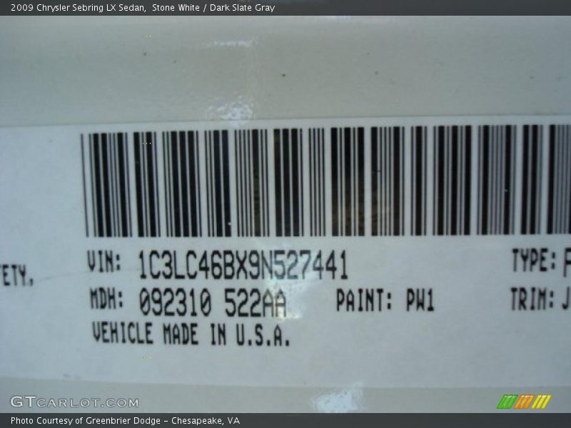 Stone White / Dark Slate Gray 2009 Chrysler Sebring LX Sedan