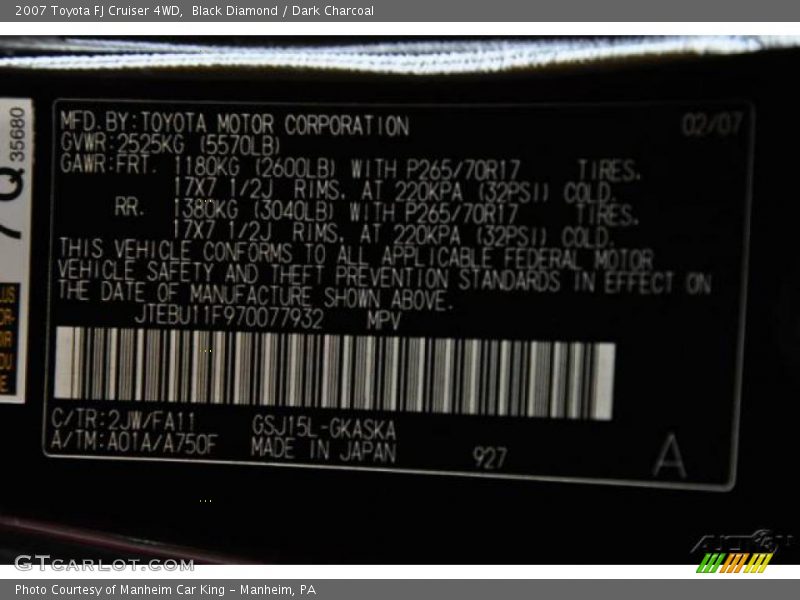 Black Diamond / Dark Charcoal 2007 Toyota FJ Cruiser 4WD