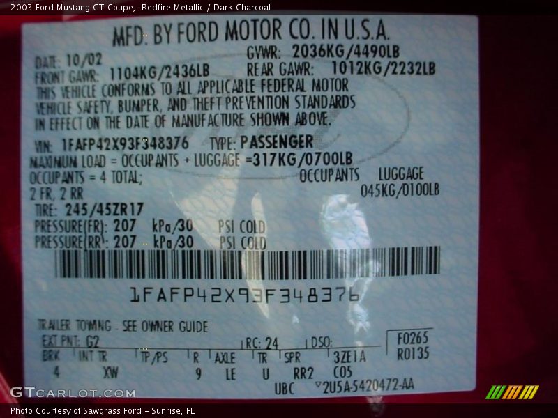 Redfire Metallic / Dark Charcoal 2003 Ford Mustang GT Coupe