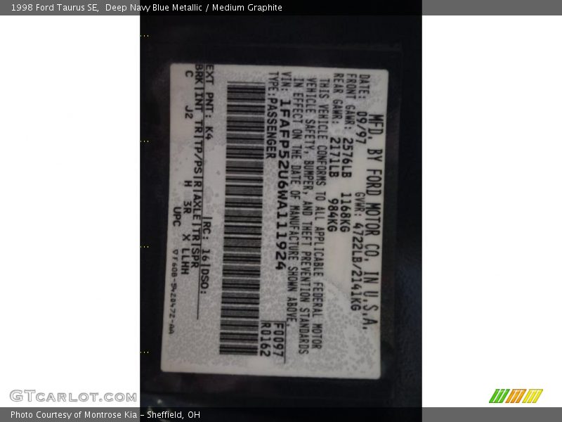 Deep Navy Blue Metallic / Medium Graphite 1998 Ford Taurus SE