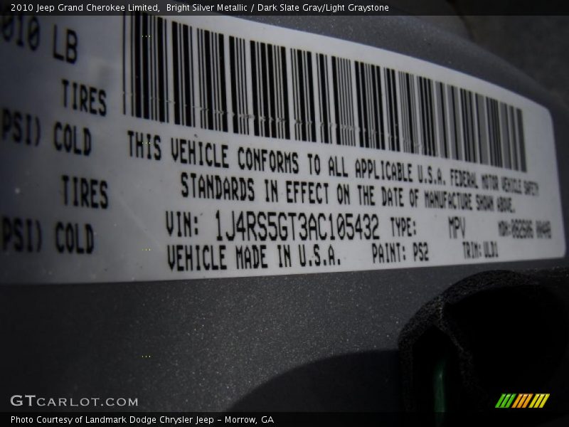 Bright Silver Metallic / Dark Slate Gray/Light Graystone 2010 Jeep Grand Cherokee Limited