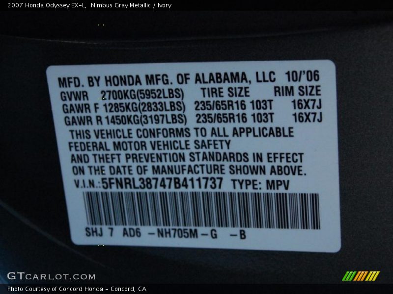 Nimbus Gray Metallic / Ivory 2007 Honda Odyssey EX-L