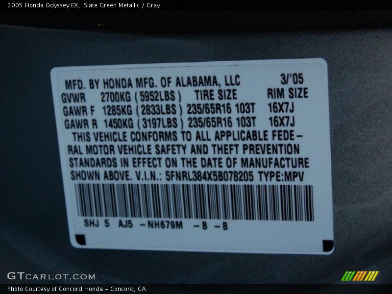 Slate Green Metallic / Gray 2005 Honda Odyssey EX