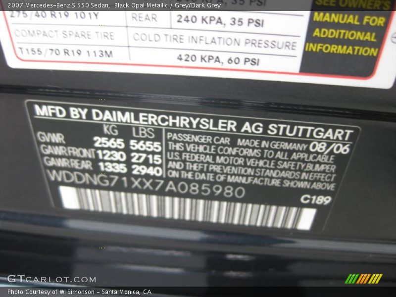 Black Opal Metallic / Grey/Dark Grey 2007 Mercedes-Benz S 550 Sedan
