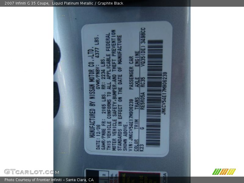 Liquid Platinum Metallic / Graphite Black 2007 Infiniti G 35 Coupe