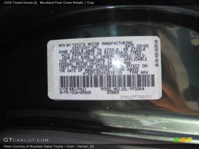 Woodland Pearl Green Metallic / Gray 2000 Toyota Sienna LE