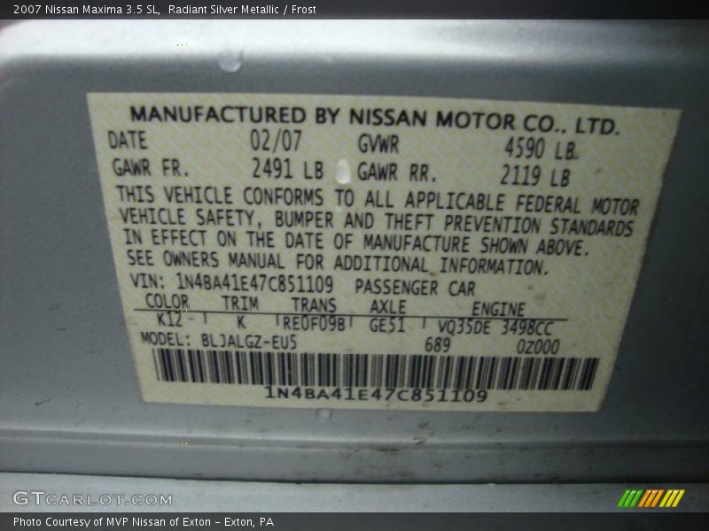Radiant Silver Metallic / Frost 2007 Nissan Maxima 3.5 SL