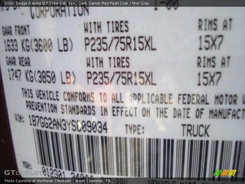 Dark Garnet Red Pearl Coat / Mist Gray 2000 Dodge Dakota SLT Crew Cab 4x4