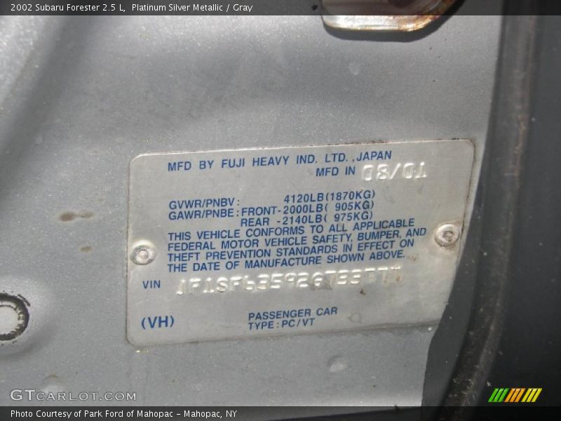 Platinum Silver Metallic / Gray 2002 Subaru Forester 2.5 L