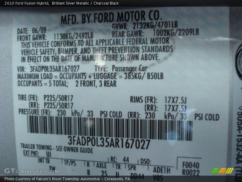 Brilliant Silver Metallic / Charcoal Black 2010 Ford Fusion Hybrid