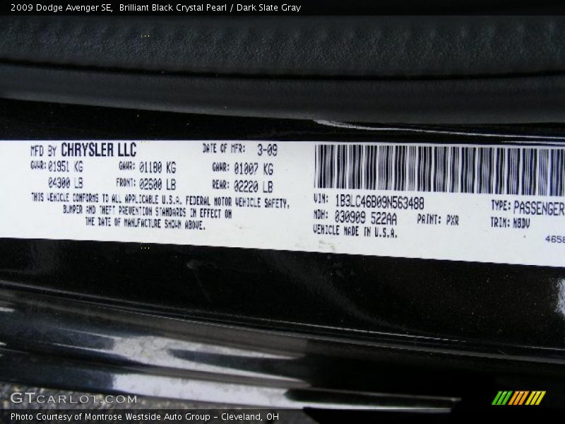 Brilliant Black Crystal Pearl / Dark Slate Gray 2009 Dodge Avenger SE