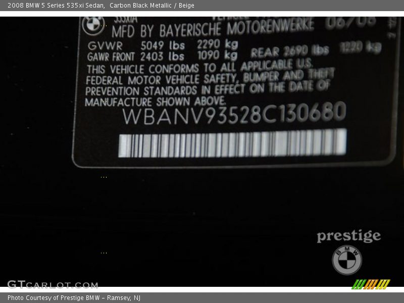 Carbon Black Metallic / Beige 2008 BMW 5 Series 535xi Sedan