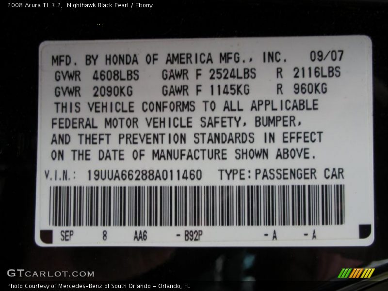 Nighthawk Black Pearl / Ebony 2008 Acura TL 3.2