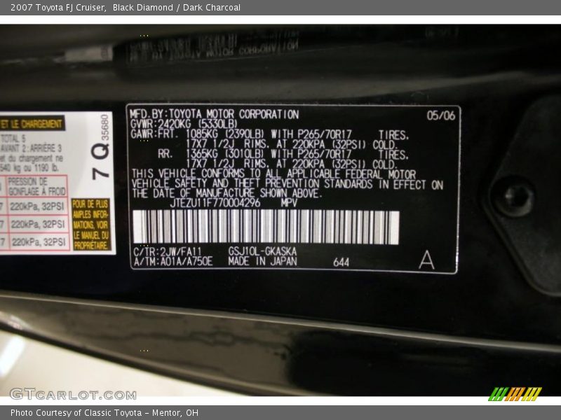 Black Diamond / Dark Charcoal 2007 Toyota FJ Cruiser