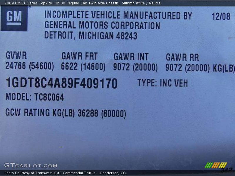 Summit White / Neutral 2009 GMC C Series Topkick C8500 Regular Cab Twin Axle Chassis