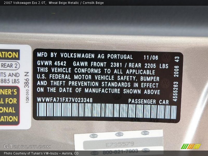 Wheat Beige Metallic / Cornsilk Beige 2007 Volkswagen Eos 2.0T