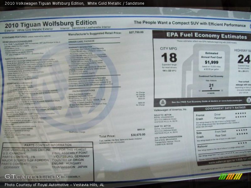 White Gold Metallic / Sandstone 2010 Volkswagen Tiguan Wolfsburg Edition