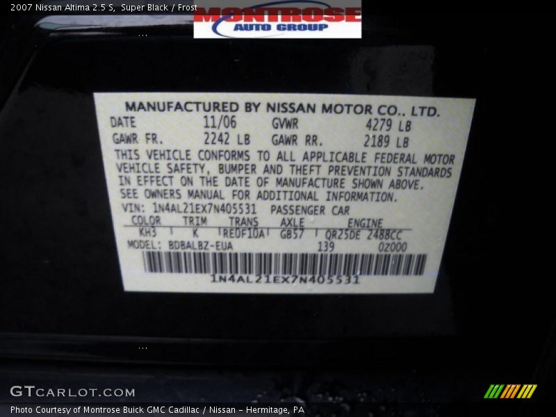 Super Black / Frost 2007 Nissan Altima 2.5 S