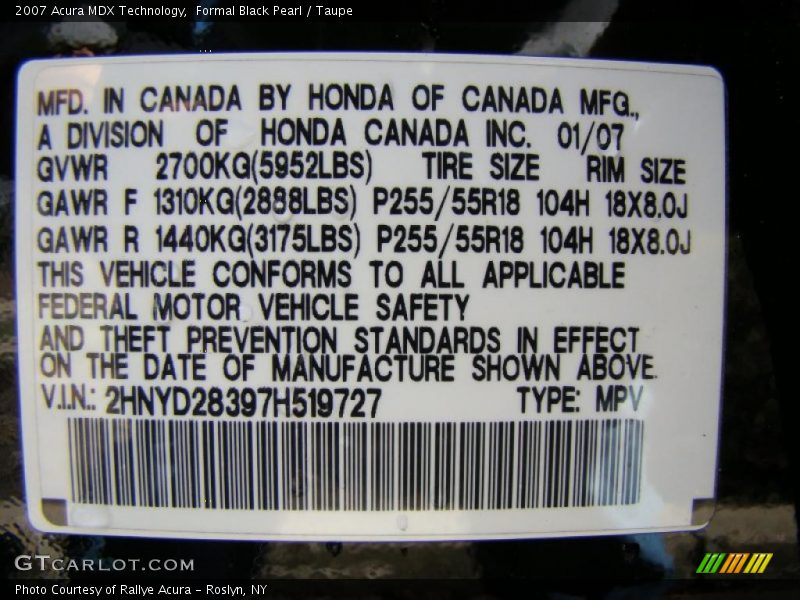 Formal Black Pearl / Taupe 2007 Acura MDX Technology