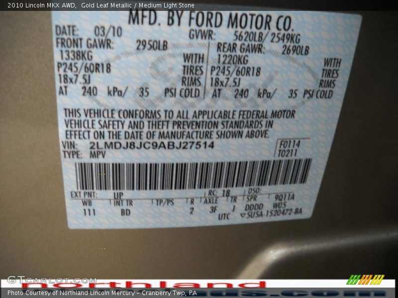 Gold Leaf Metallic / Medium Light Stone 2010 Lincoln MKX AWD