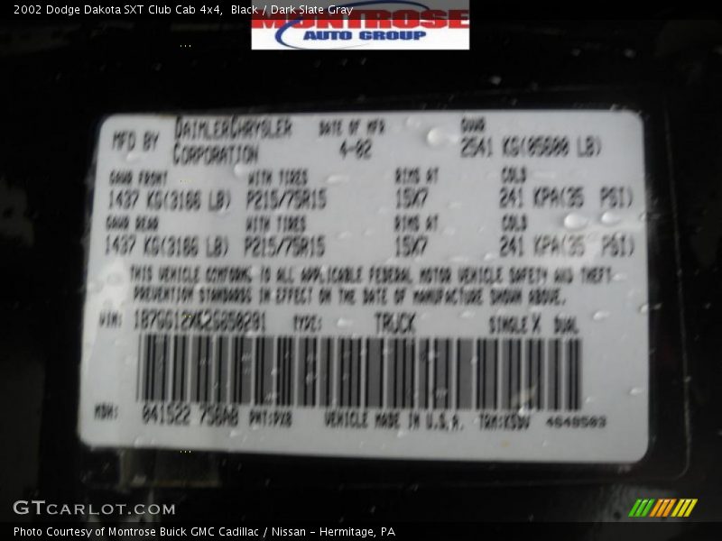 Black / Dark Slate Gray 2002 Dodge Dakota SXT Club Cab 4x4