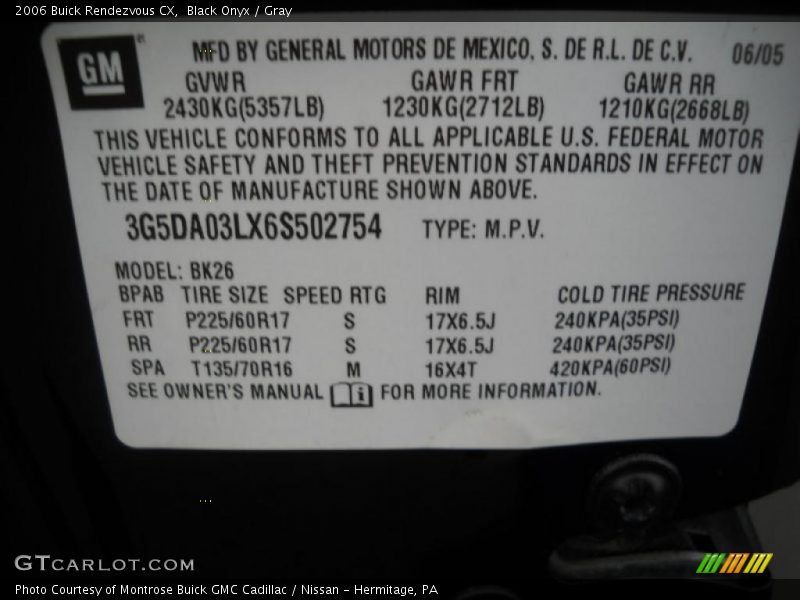 Black Onyx / Gray 2006 Buick Rendezvous CX