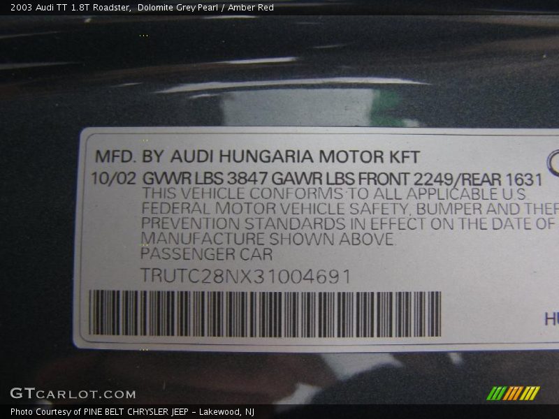 Dolomite Grey Pearl / Amber Red 2003 Audi TT 1.8T Roadster