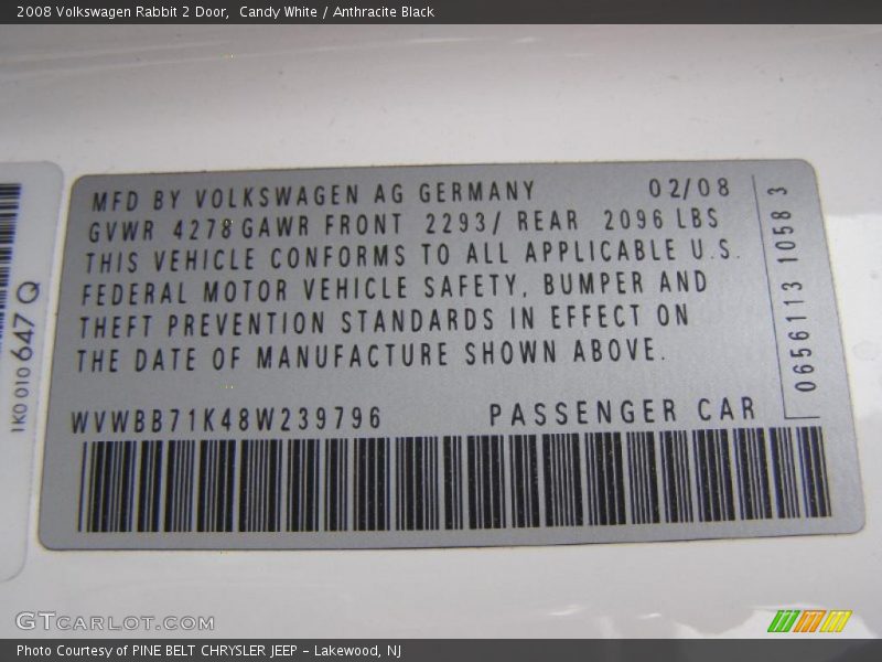 Candy White / Anthracite Black 2008 Volkswagen Rabbit 2 Door