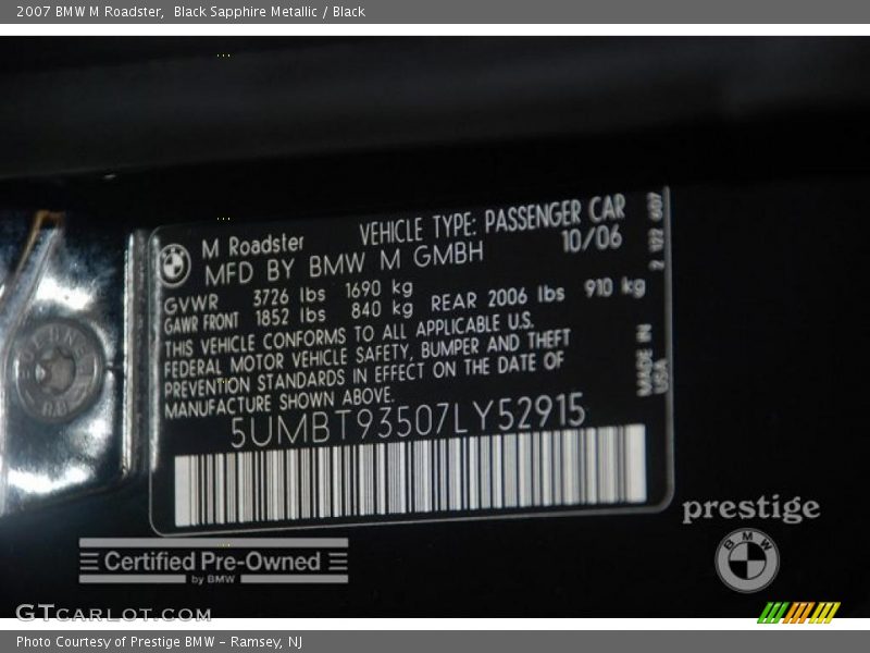Black Sapphire Metallic / Black 2007 BMW M Roadster