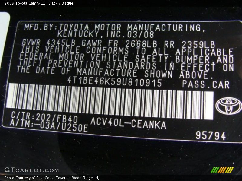 Black / Bisque 2009 Toyota Camry LE