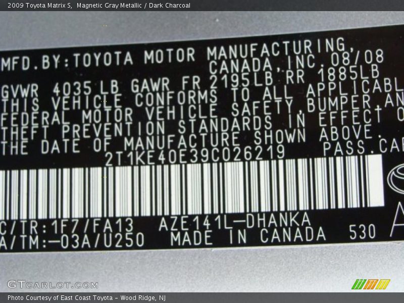 Magnetic Gray Metallic / Dark Charcoal 2009 Toyota Matrix S