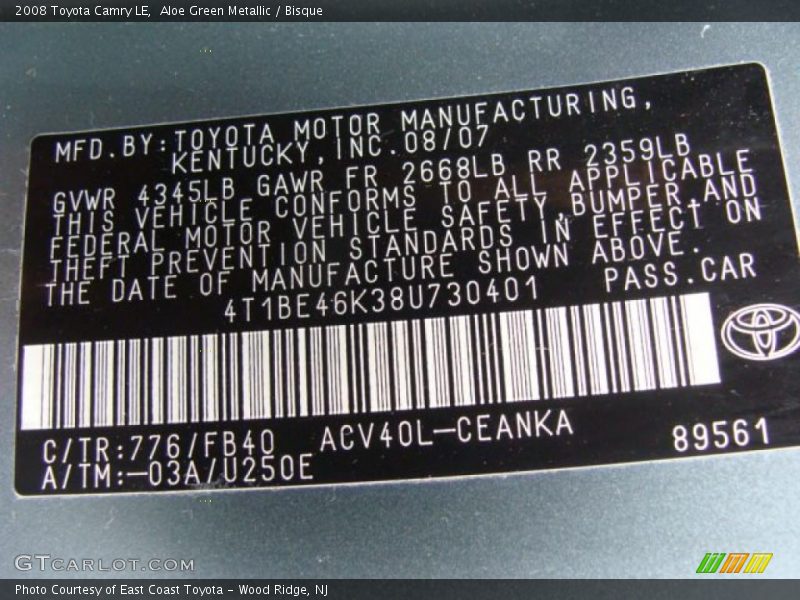 Aloe Green Metallic / Bisque 2008 Toyota Camry LE