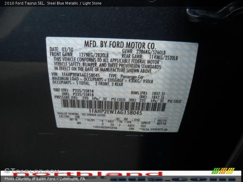 Steel Blue Metallic / Light Stone 2010 Ford Taurus SEL
