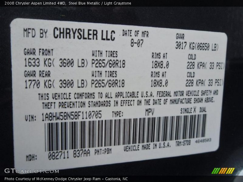 Steel Blue Metallic / Light Graystone 2008 Chrysler Aspen Limited 4WD