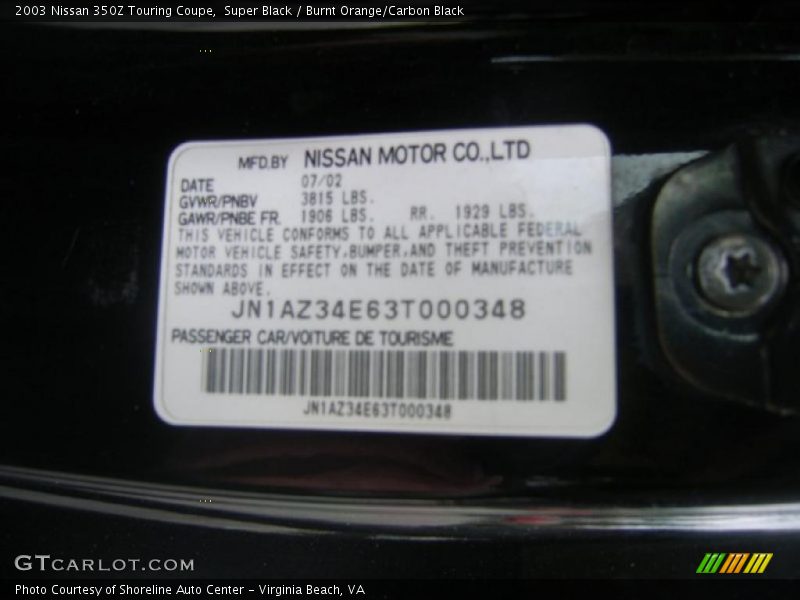 Super Black / Burnt Orange/Carbon Black 2003 Nissan 350Z Touring Coupe