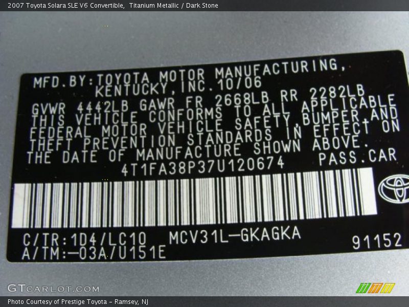 Titanium Metallic / Dark Stone 2007 Toyota Solara SLE V6 Convertible